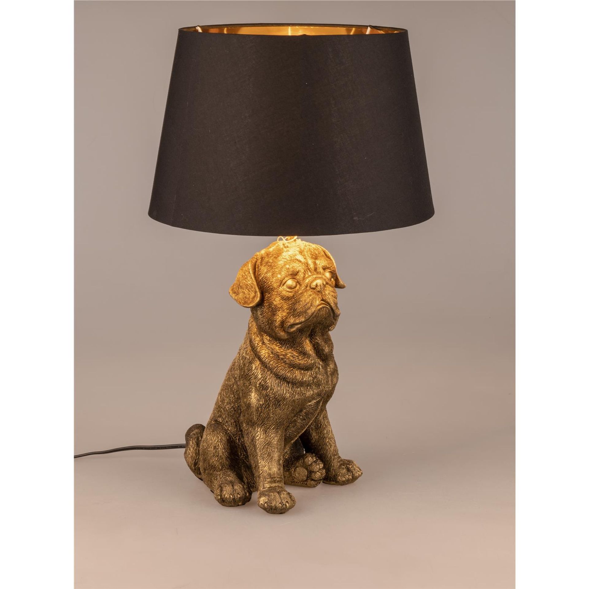 Sitzender Hund Lampe in Antik-Gold 52 cm x 36 cm, handgefertigte Deko-Lampe aus Kunststein mit schwarzem Stoffschirm