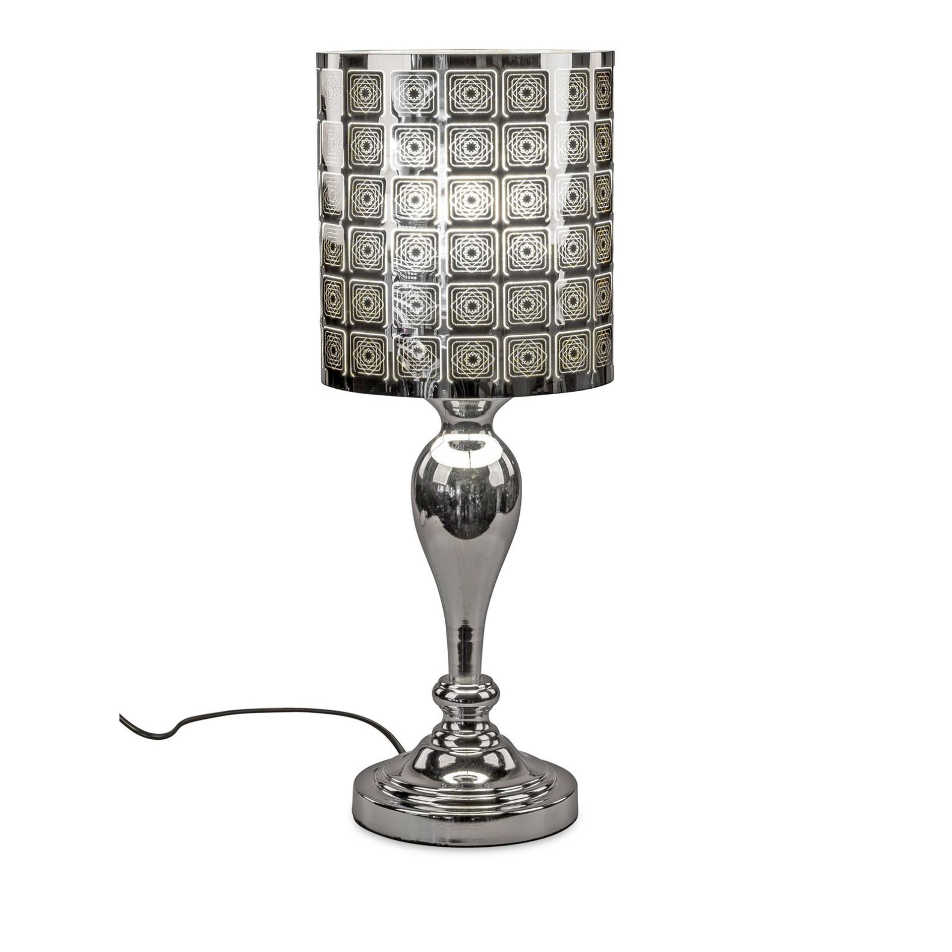 Lampe auf Fuß H: 52 cm x D: 20 cm mit Touch und Karo-Motiv – Glänzender Edelstahl mit veredelter Spezialfolie