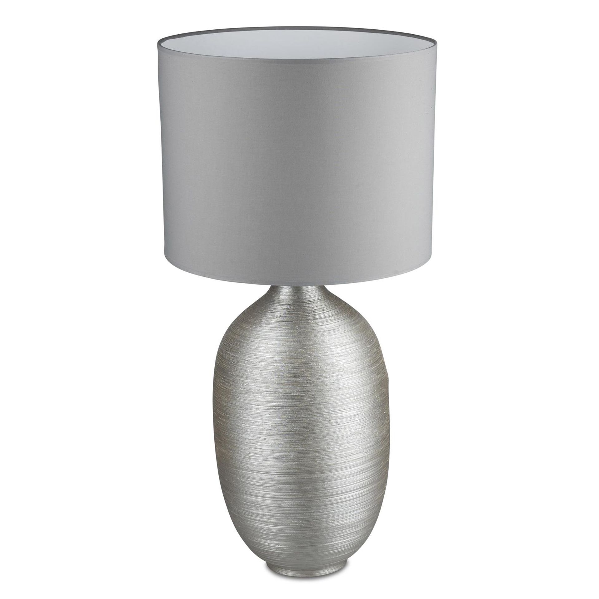 Champagnerzauber: Komplette Lampe 90 cm mit Fuß aus matter, strukturierter Keramik und grauem Stoffschirm