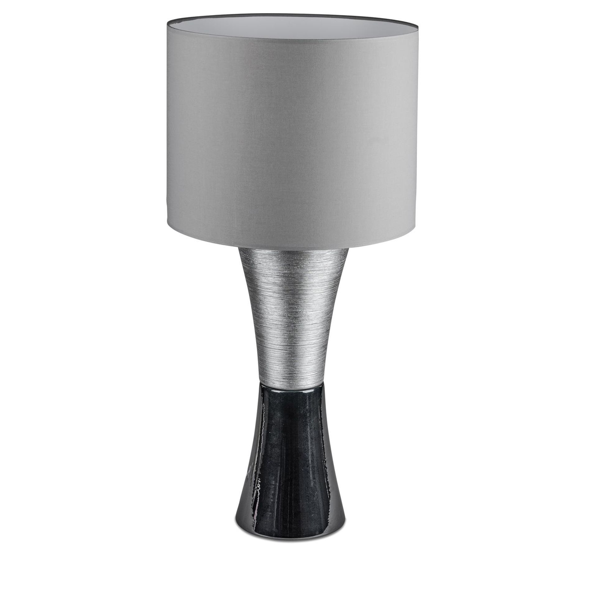 Stilvoller Kontrast: Komplette Lampe 80 cm in Schwarz-Silber mit Lampenfuß aus matt + glänzender Keramik und silbernem Stoffschirm